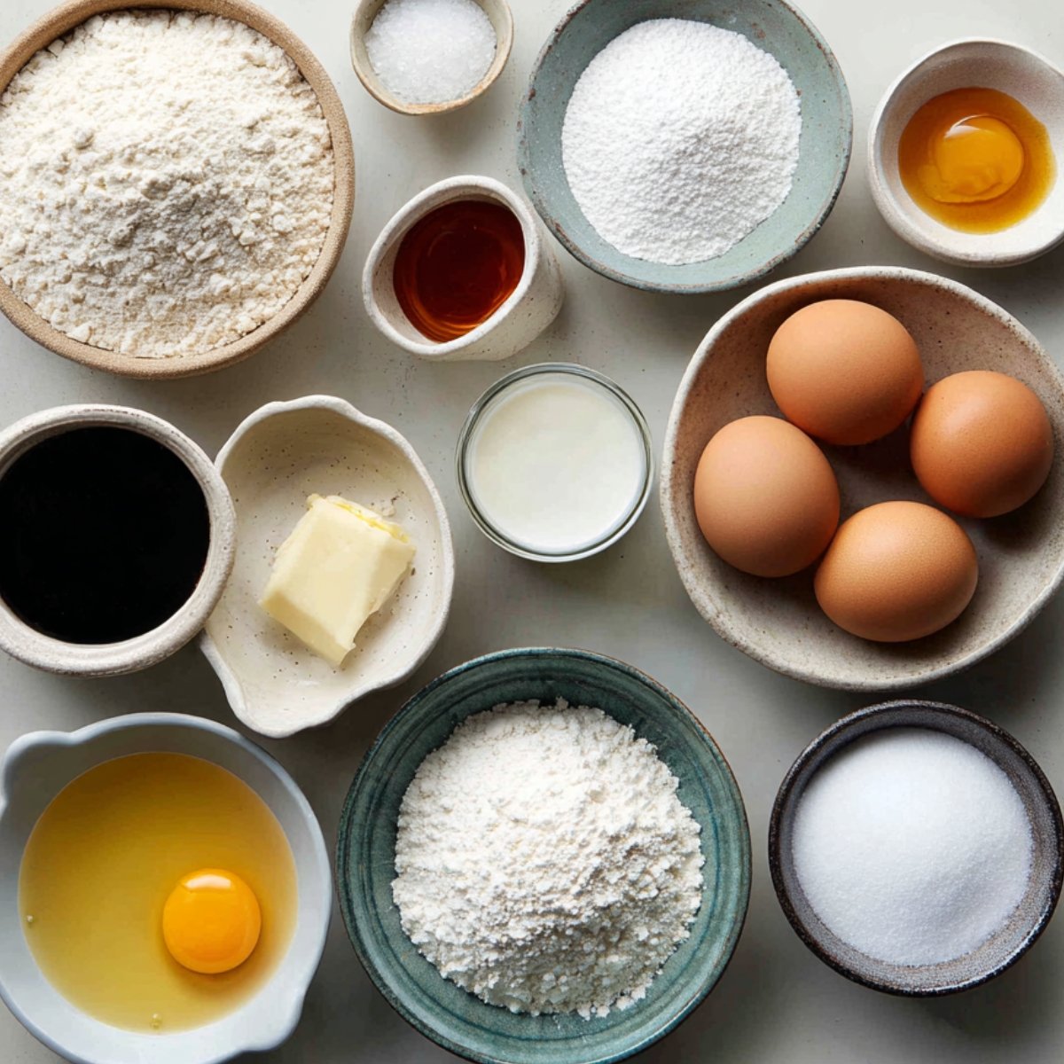 A variety of baking ingredients displayed in bowls, including flour, sugar, butter, eggs, milk, and flavoring extracts.