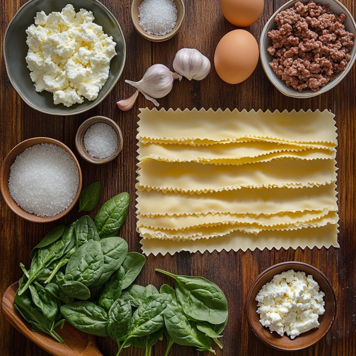 "Variety of ingredients for lasagna roll ups laid out on a wooden surface, including ricotta cheese, spinach, eggs, marinara sauce, black pepper, garlic, and uncooked lasagna sheets."