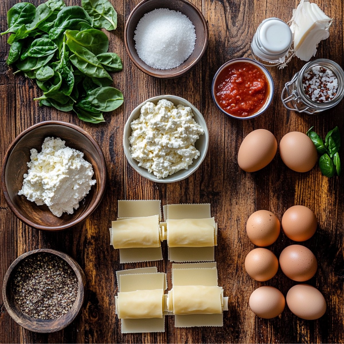 "Close-up of rolled lasagna noodles on a table surrounded by bowls of cheese, spices, spinach, eggs, and marinara sauce — ready for lasagna roll ups preparation."