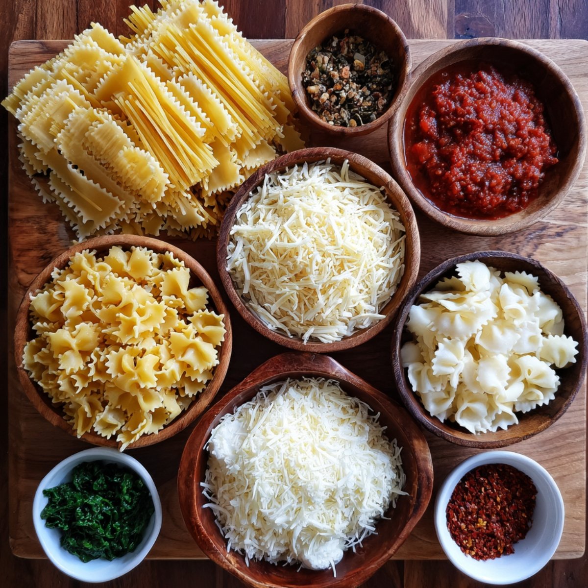 A wooden board with bowls of lasagna soup ingredients: different pasta shapes, grated cheeses, spinach, sauce, and spices.