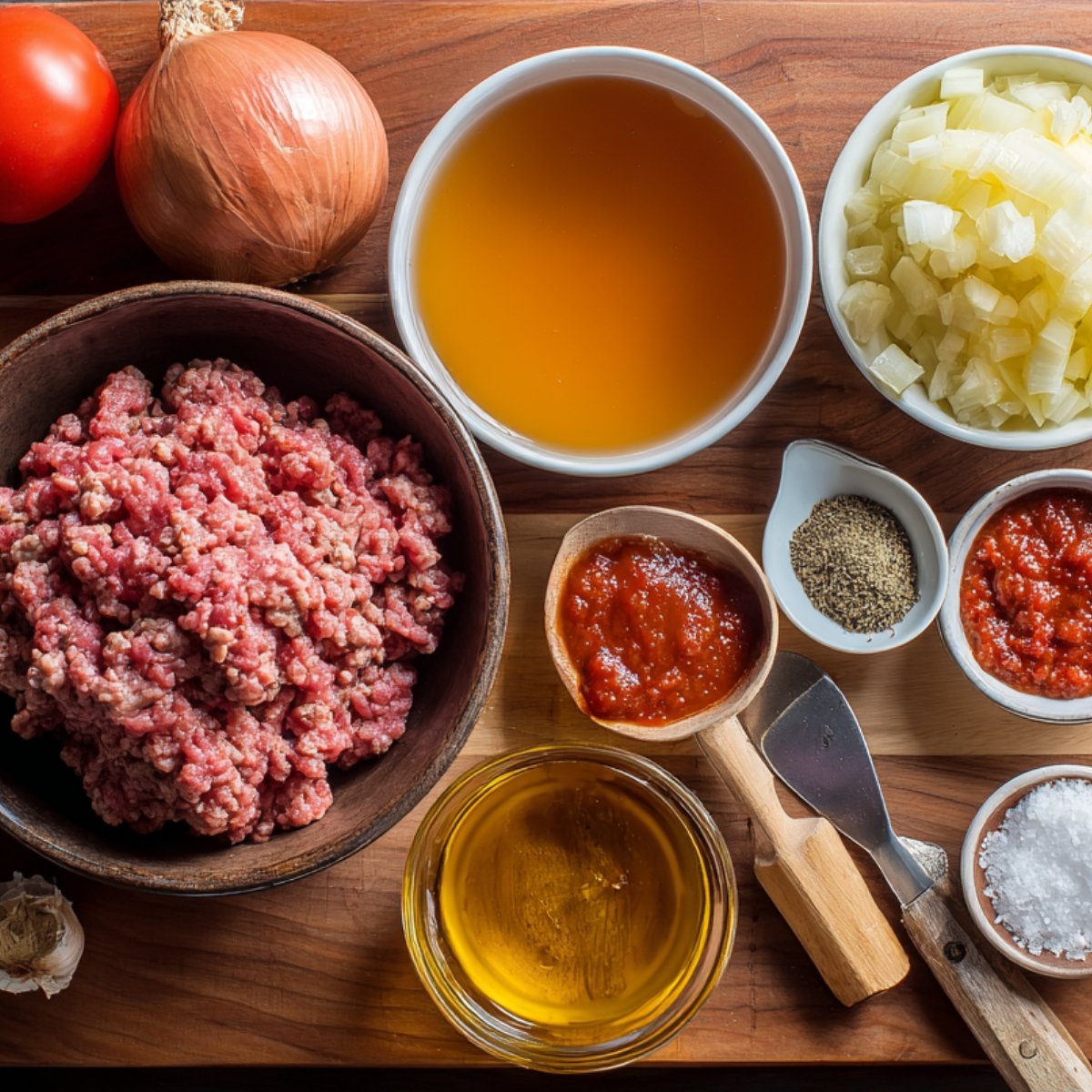 A wooden board with raw ingredients for lasagna soup: ground beef, diced onion, garlic, tomatoes, beef broth, tomato paste, black pepper, salt, and olive oil.