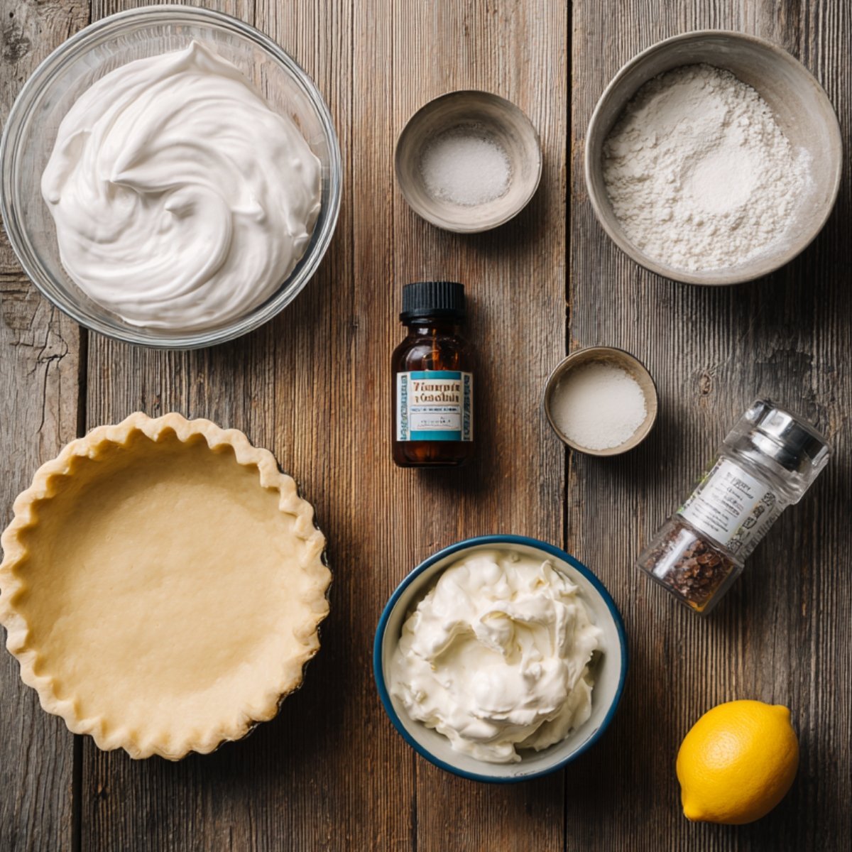 Ingredients for lemon meringue pie arranged on a wooden surface, including a pie crust, bowl of whipped meringue, vanilla extract, sugar, flour, lemon, and cream.