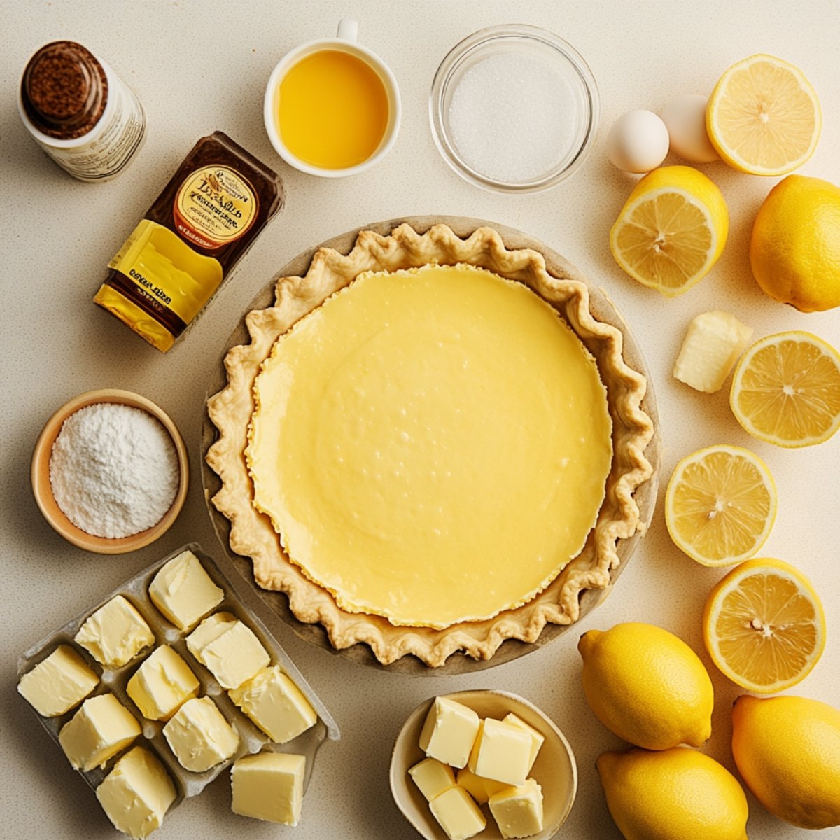 A partially filled lemon pie crust with lemon curd, surrounded by ingredients such as fresh lemons, butter cubes, eggs, sugar, and vanilla.