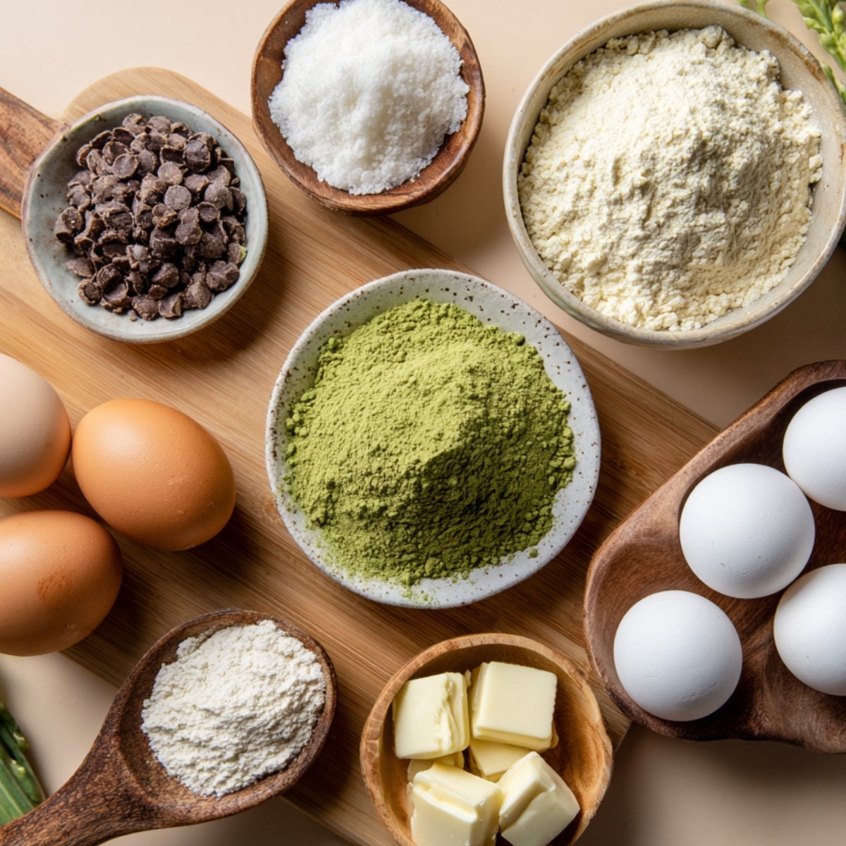 Flat lay of matcha cookie ingredients including butter, eggs, sugar, chocolate chips, and matcha powder.