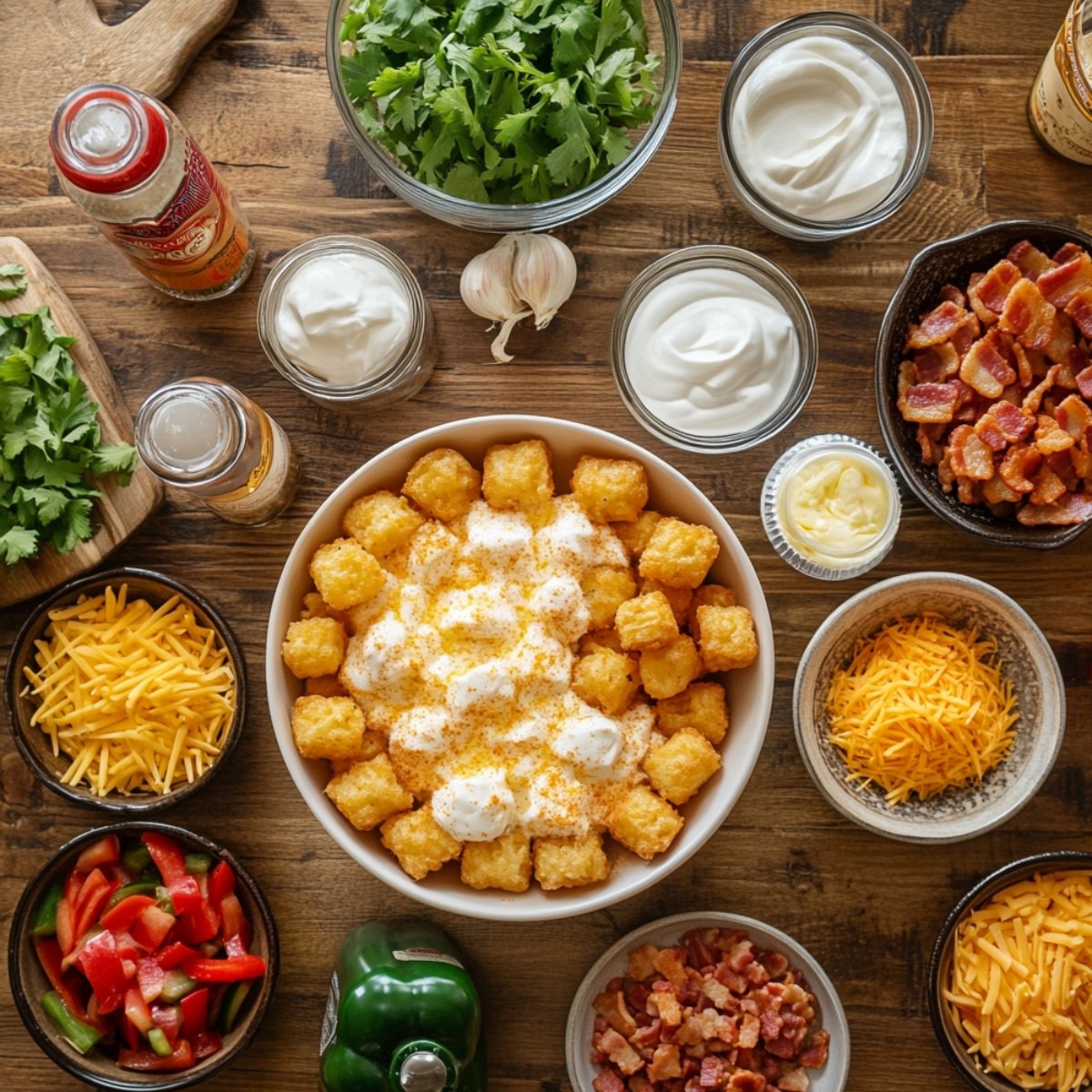 Overhead view of tater tots surrounded by small bowls of toppings and ingredients including shredded cheese, bacon, peppers, sour cream, garlic, and fresh herbs.