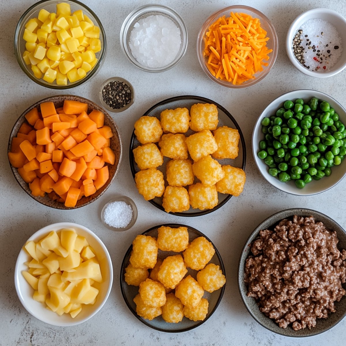 A flat lay of ingredients for tater tot casserole: tater tots, cooked ground beef, peas, diced carrots, corn, cheese, and seasonings arranged in bowls.