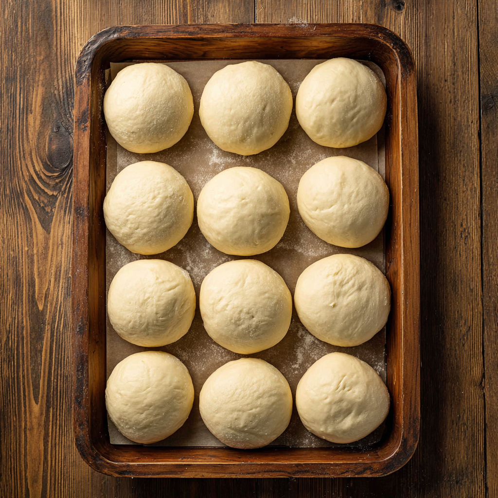 "Twelve evenly shaped dough balls arranged in a wooden baking tray, ready for the final rise before baking into bread rolls."