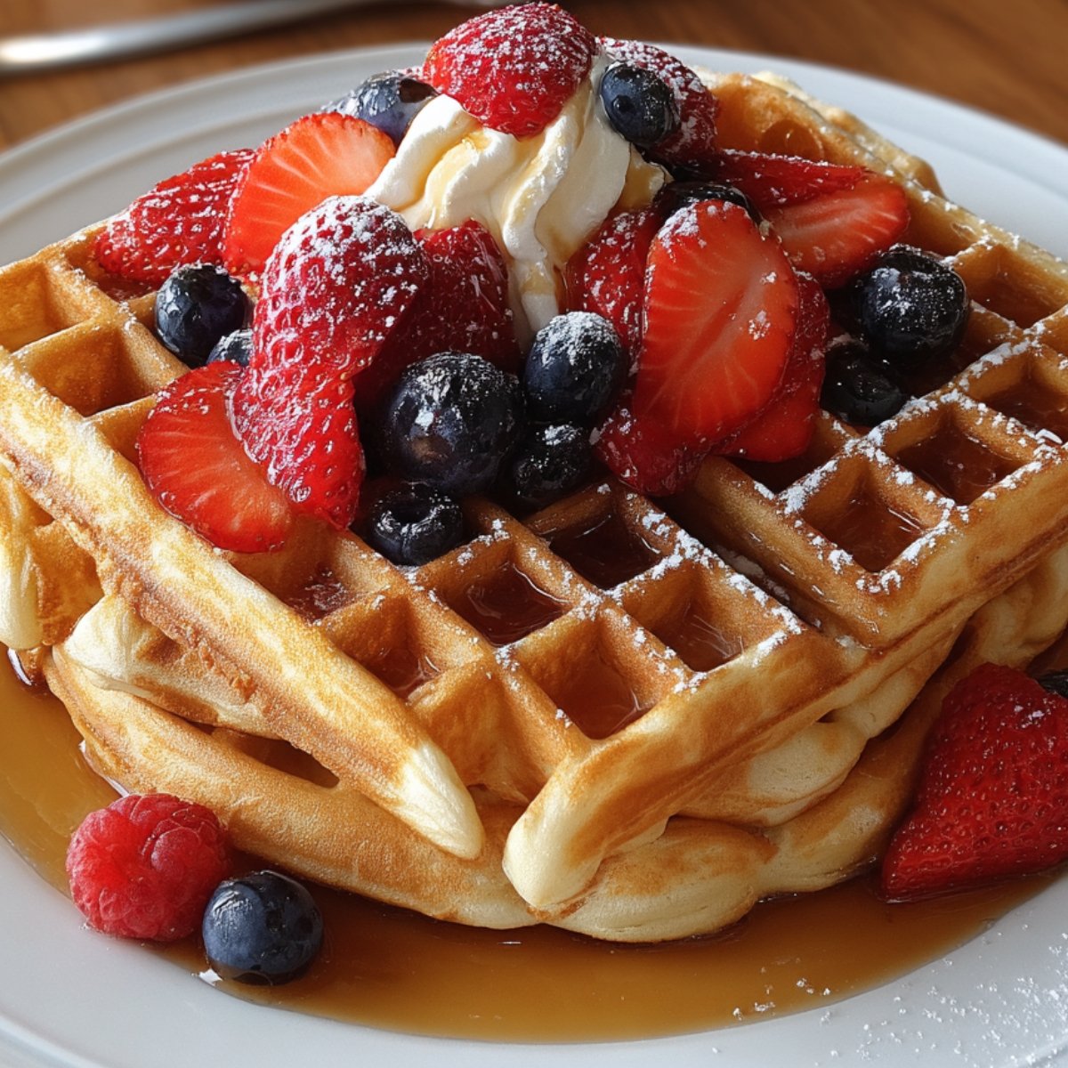 A plate of stacked Belgian waffles Recipe topped with strawberries, blueberries, raspberries, whipped cream, and powdered sugar, with syrup drizzling over the sides.