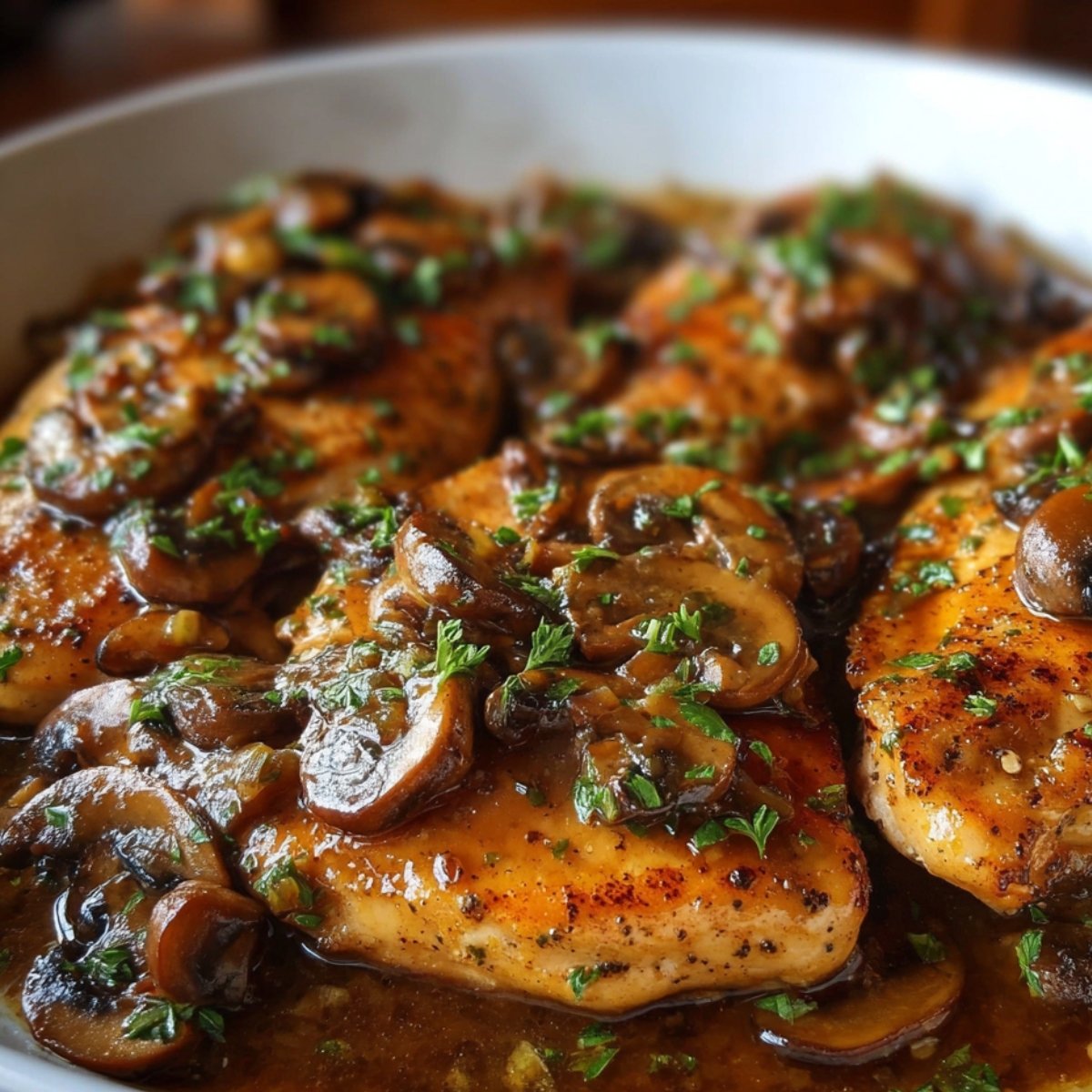 A finished dish of Chicken Marsala Recipe, featuring tender chicken breasts topped with a rich mushroom sauce, garnished with fresh parsley.