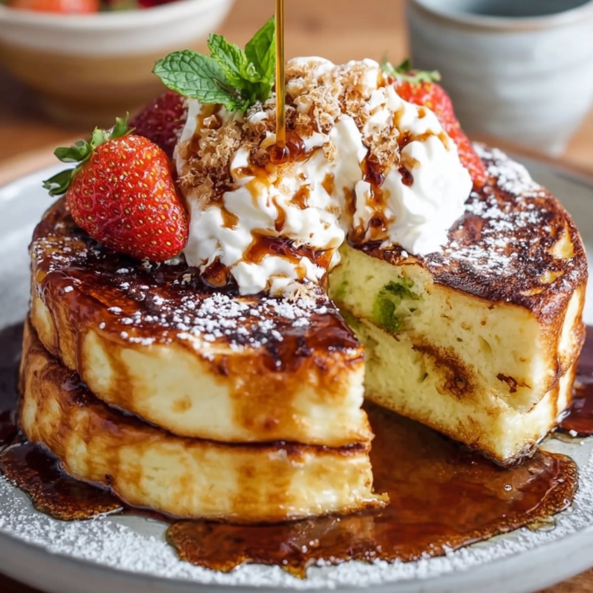 "Stacked homemade Japanese pancake with syrup, whipped cream, and strawberries."