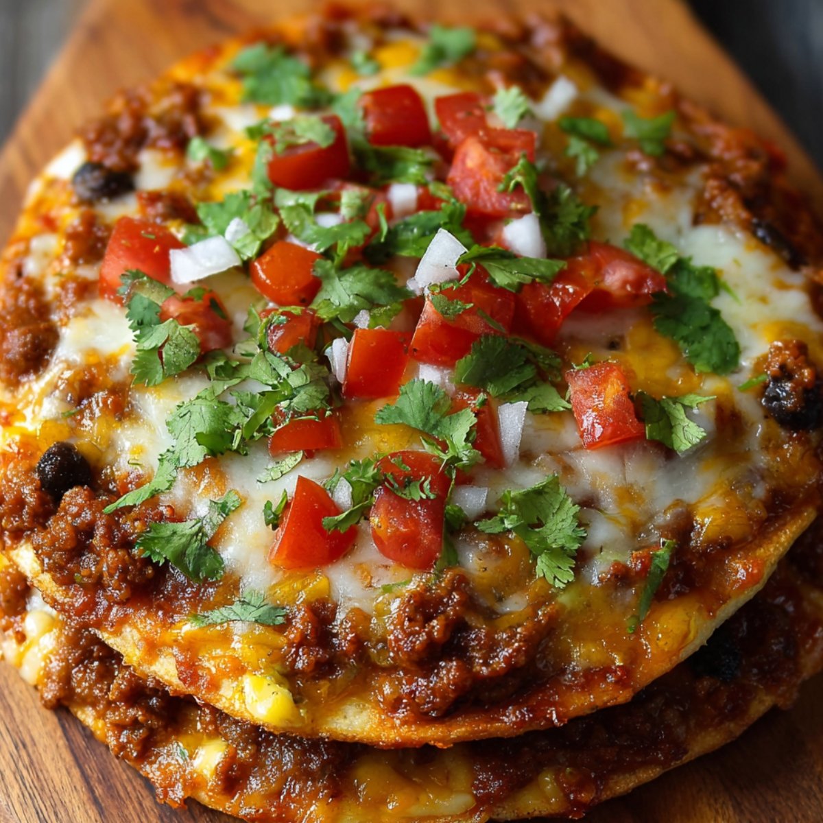 A stack of Mexican Pizza Recipe topped with seasoned ground beef, melted cheese, fresh diced tomatoes, onions, and cilantro.