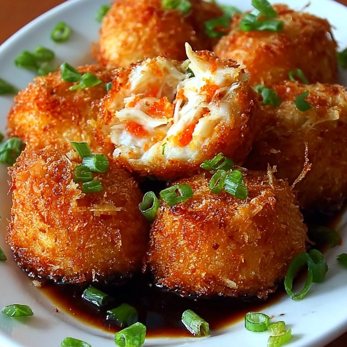 A plate of crispy Rangoon crab bombs, topped with green onion garnishes, with one bomb cut in half to reveal its crab and filling.