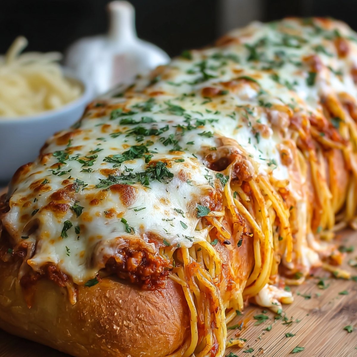 A loaf of homemade Spaghetti Stuffed Garlic Bread, melted cheese, and herbs, fresh from the oven.