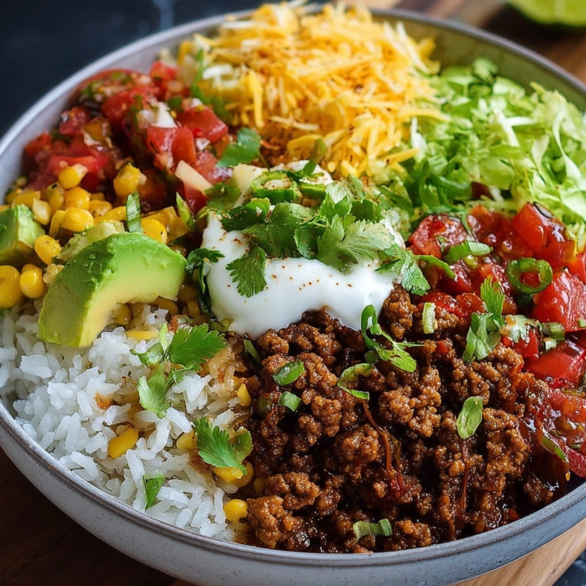 A variety of ingredients laid out for making taco rice bowl, including seasoned ground beef, white rice, shredded cheese, corn, fresh lime wedges, tomatoes, black beans, avocado, cilantro, sour cream, and green onions.