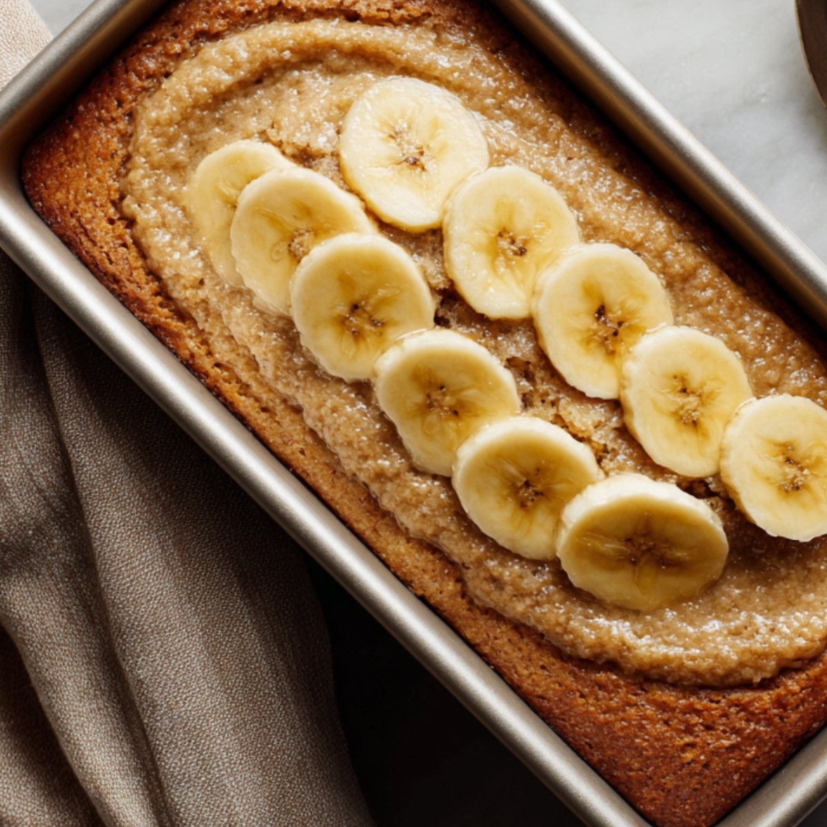 "A close-up image of a freshly baked banana bread in a metal loaf pan. The top of the bread is topped with neatly sliced banana pieces, arranged in a line. The loaf has a golden-brown crust, and the surface looks soft and moist. A beige cloth is partially visible beside the pan."