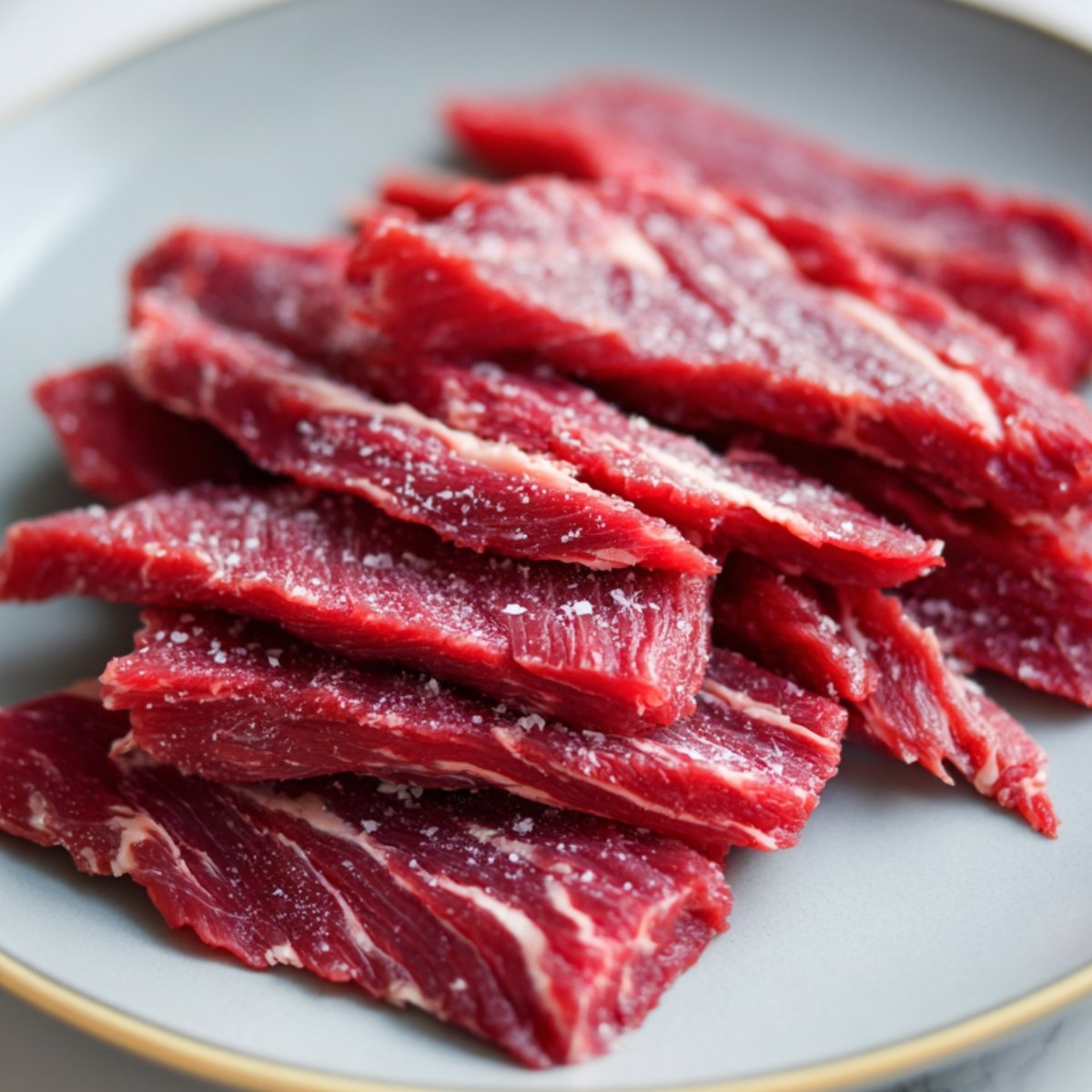 A plate with thin slices of raw beef steak, lightly sprinkled with salt, ready for cooking.