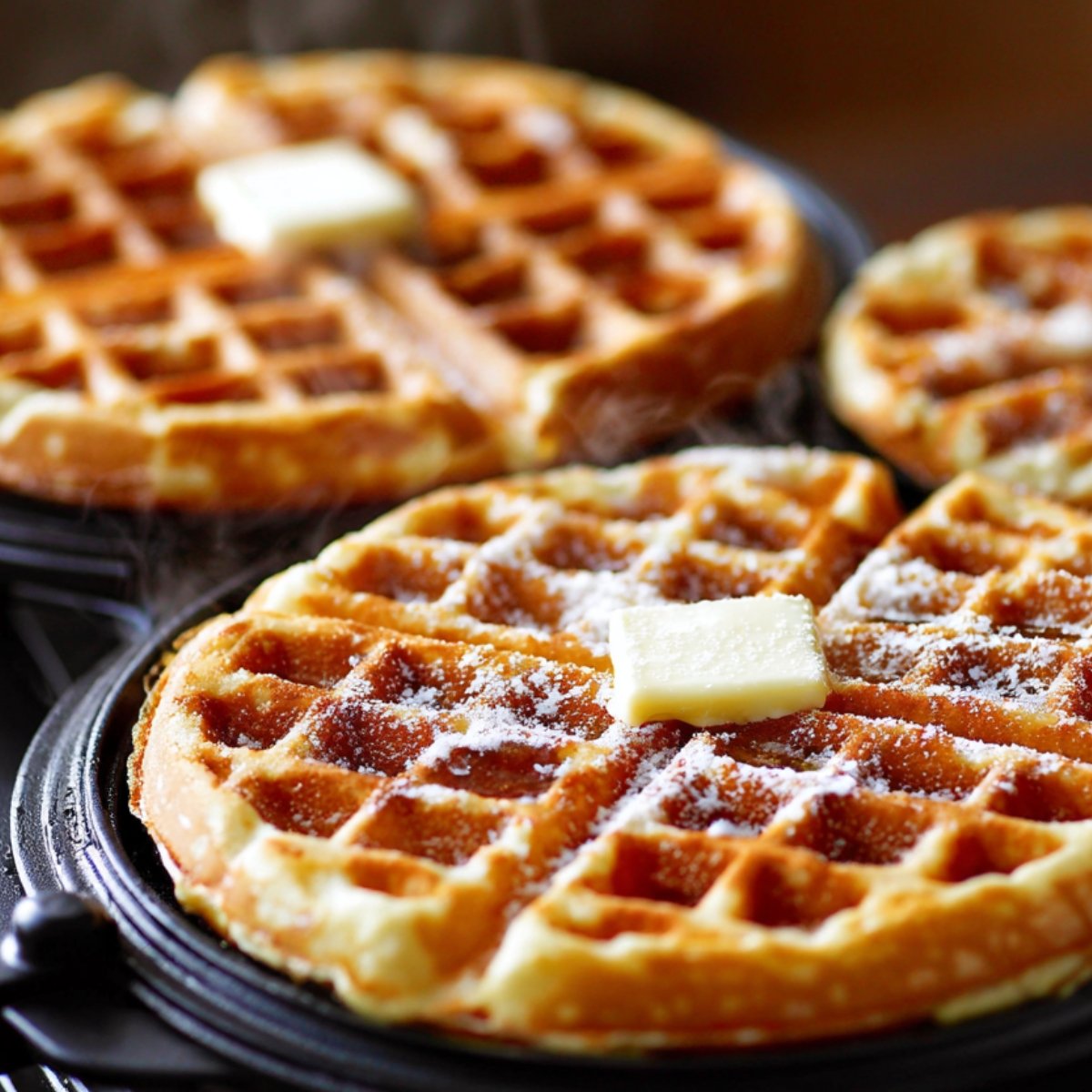 Three freshly cooked Belgian waffles in a waffle iron, still steaming hot. A pat of butter sits atop the waffles, melting slightly, with a dusting of powdered sugar.