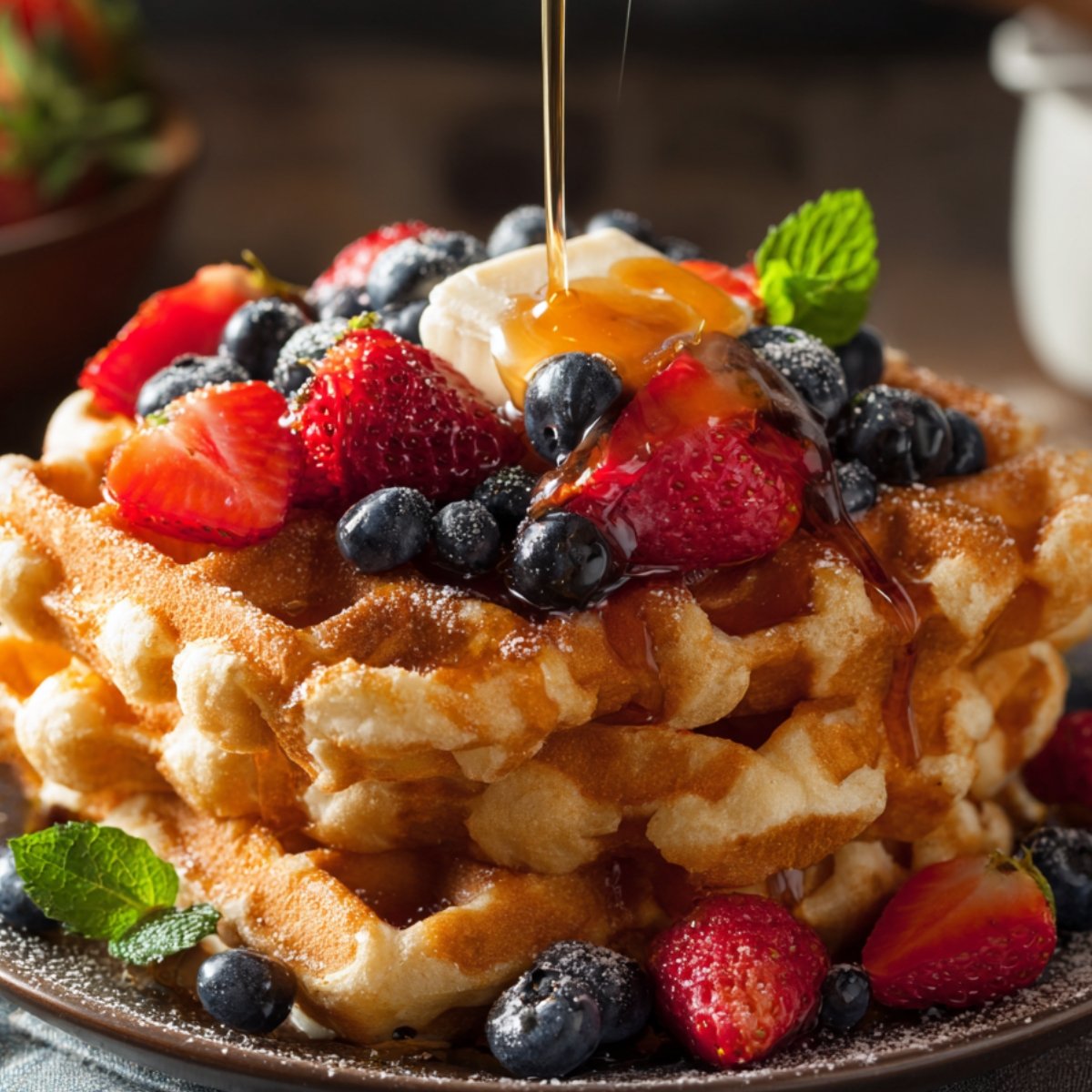 A stack of Belgian waffles topped with fresh strawberries, blueberries, mint leaves, and a dollop of butter. Maple syrup is being drizzled over the waffles, creating a delicious, indulgent look.