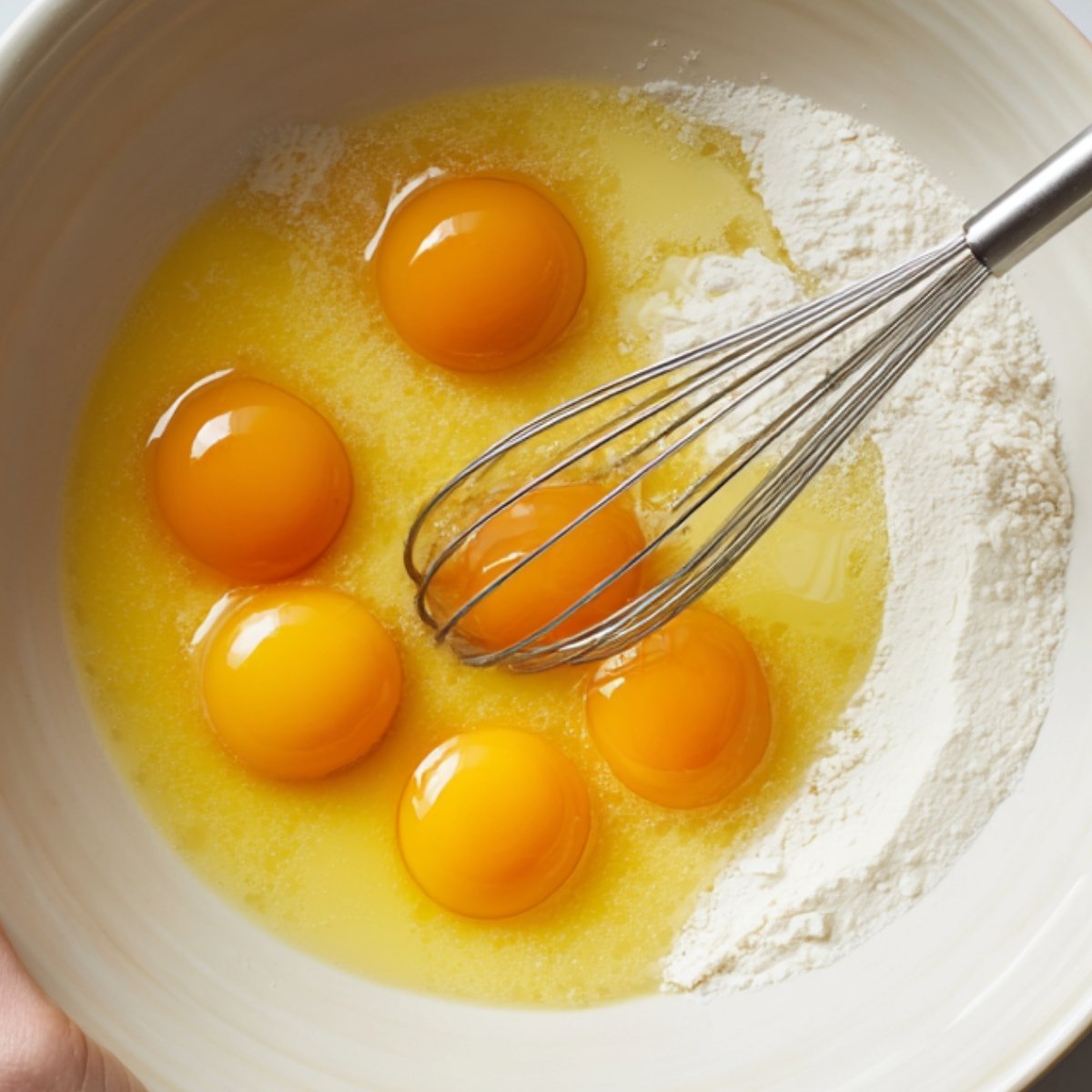A close-up of eggs, butter, and flour mixed together in a bowl, with the eggs cracked open and the yolks visible, ready to be incorporated into a recipe.