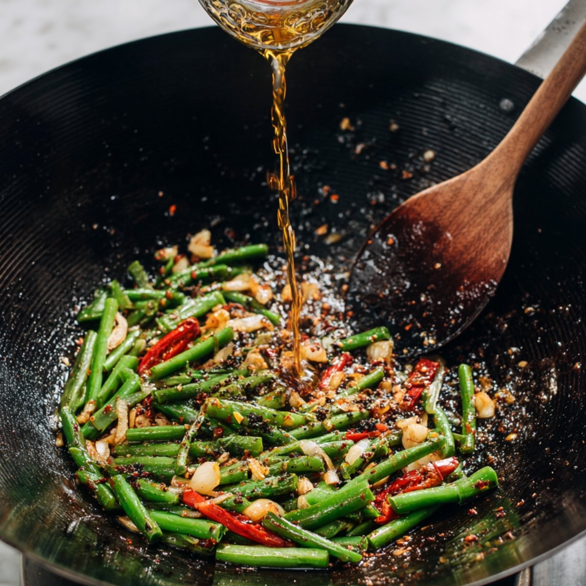 A wok with green beans being stir-fried with garlic, red chili, and spices. The cook is pouring oil into the pan, adding a shiny golden liquid to the mix.
