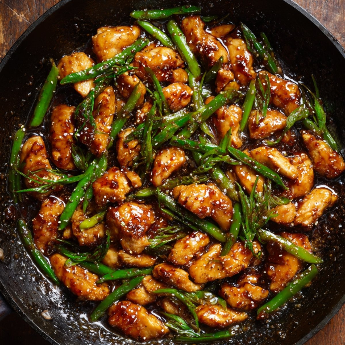 A close-up shot of Black Pepper Chicken, featuring tender pieces of chicken cooked in a dark savory sauce with green onions. The dish is served in a wok with a glossy texture from the sauce.