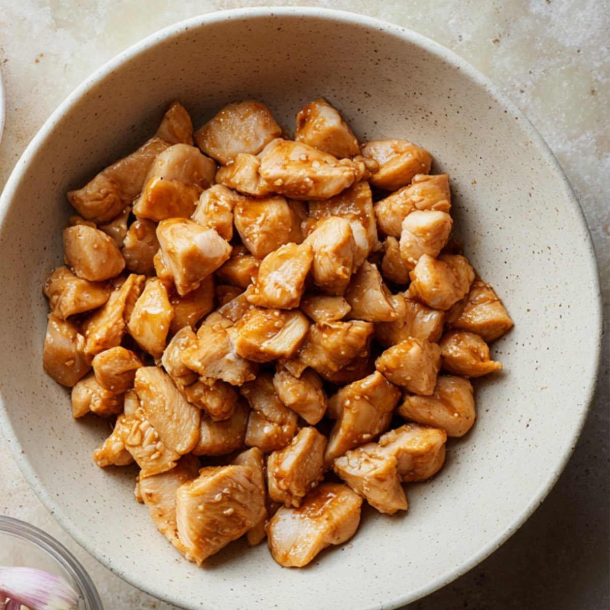 A bowl of diced chicken pieces coated in a light brown marinade, ready to be cooked.