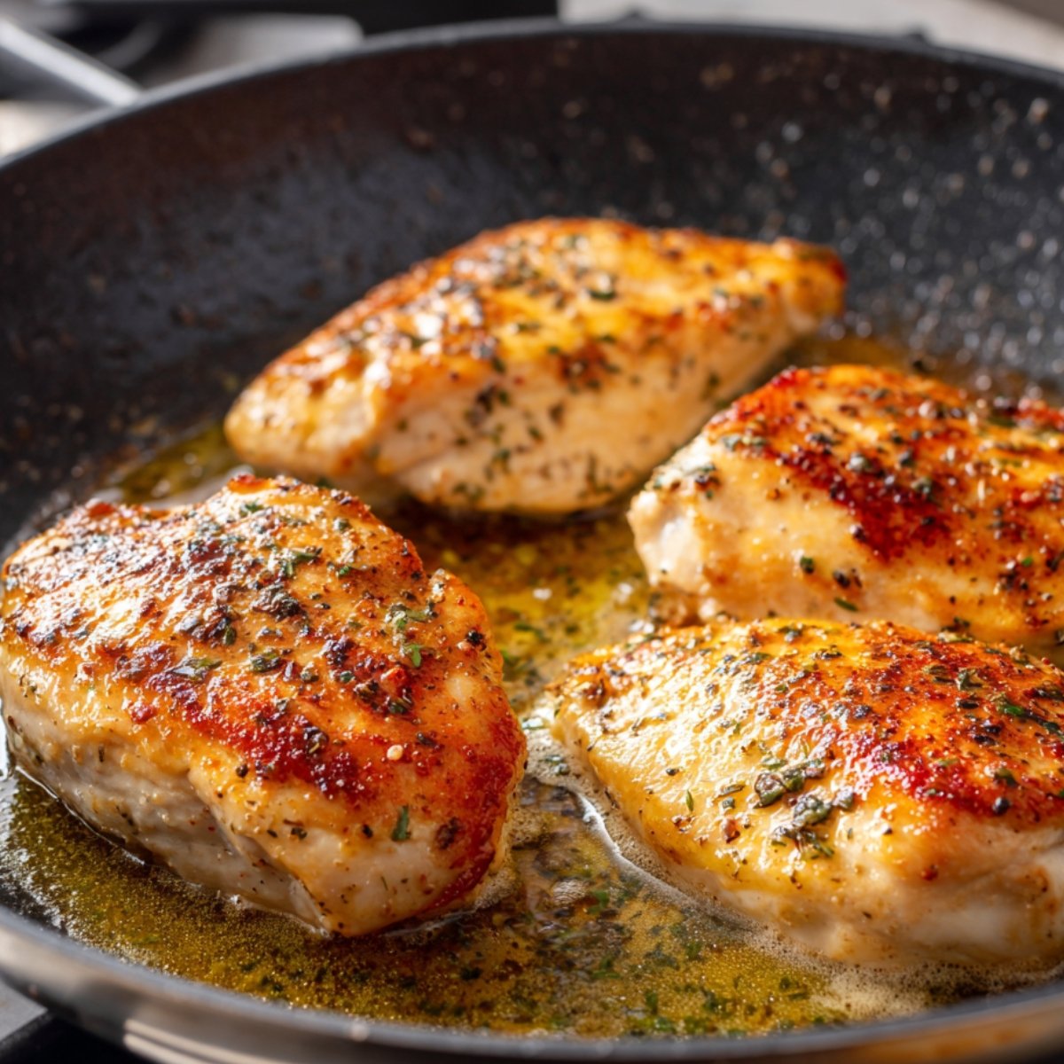A pan with chicken breasts being cooked, showing a crispy golden brown crust on the chicken in a hot skillet with butter.