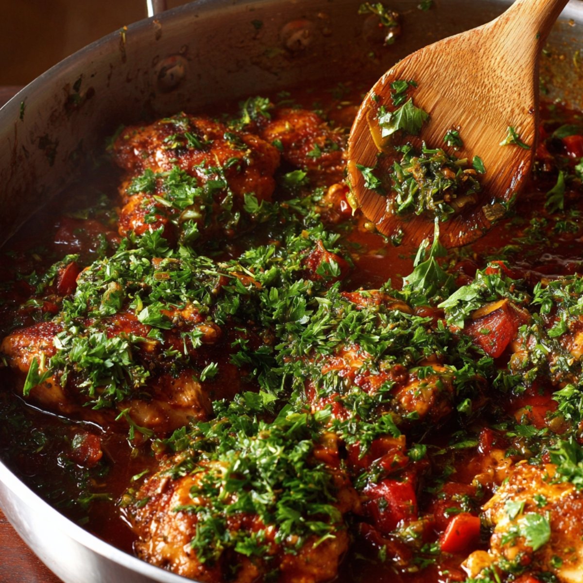 A close-up view of chicken thighs simmering in a flavorful sauce, topped with fresh chopped herbs like parsley, with red bell peppers and a rich sauce base.