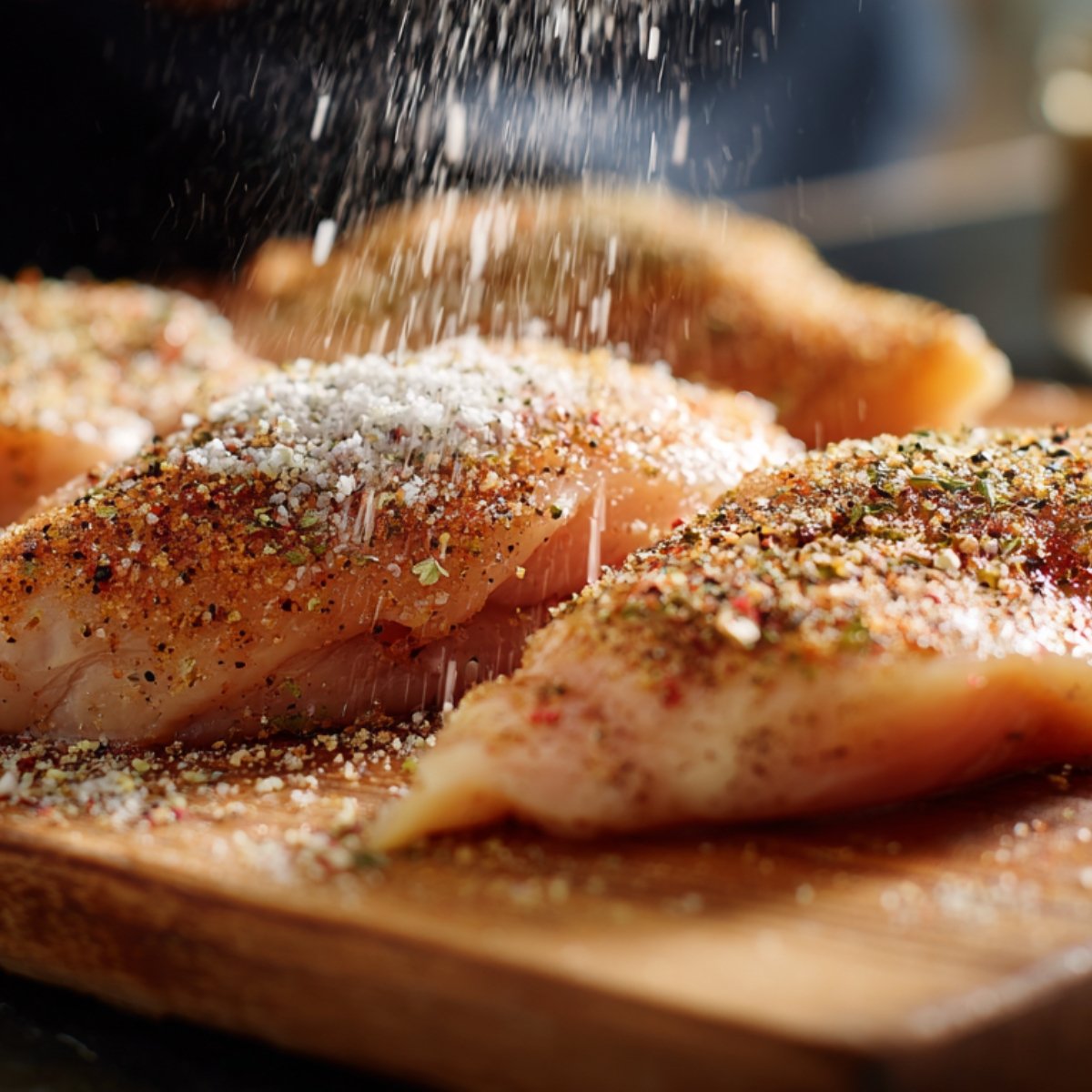 Close-up of raw chicken breasts on a cutting board being seasoned with salt, pepper, and various spices, ready for cooking.