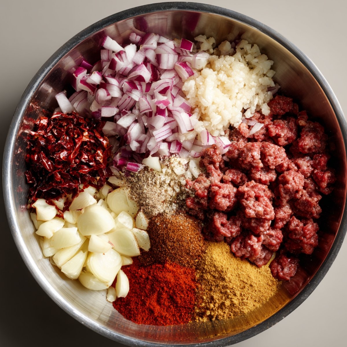 "A stainless steel bowl filled with chopped red onions, minced garlic, dried red chilies, ground beef, and a variety of spices including chili powder, cumin, and other seasonings."