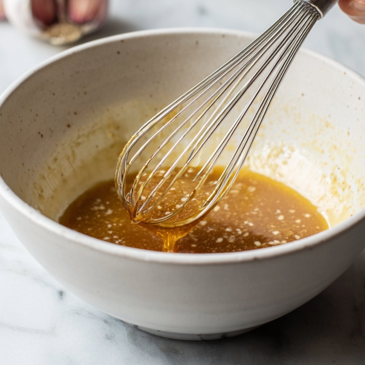A bowl with a whisk mixing a golden-brown sauce, possibly a honey mustard glaze, on a marble countertop.