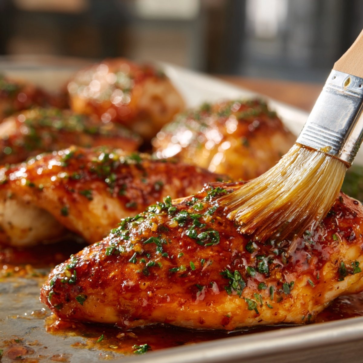 A close-up of grilled chicken breasts being brushed with a flavorful sauce that has fresh herbs sprinkled on top.