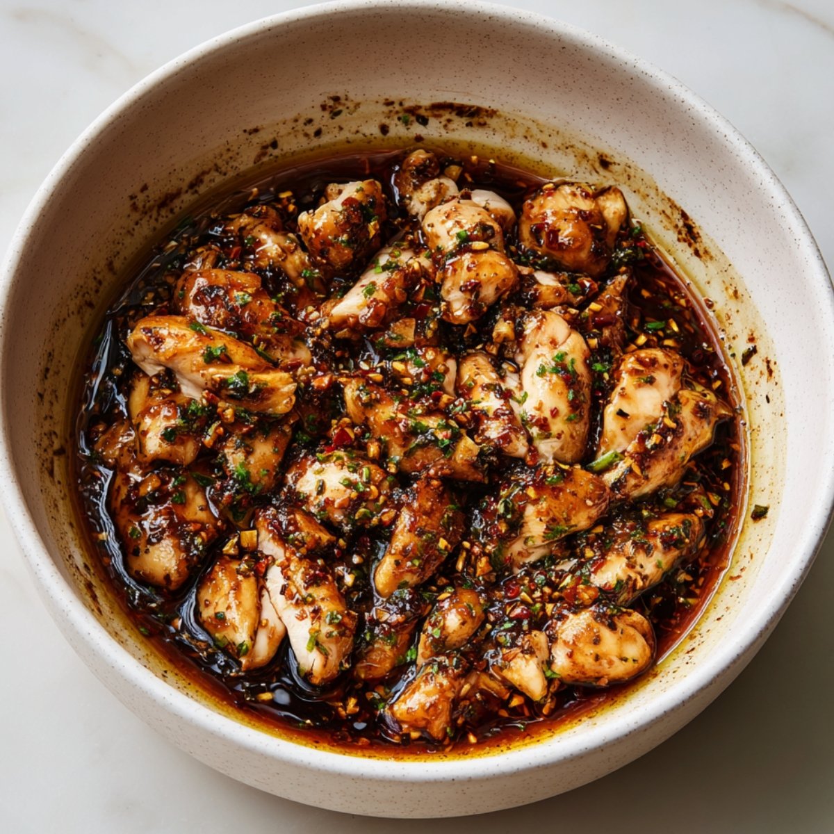 A bowl filled with small pieces of chicken marinating in a dark, flavorful sauce with herbs and spices.