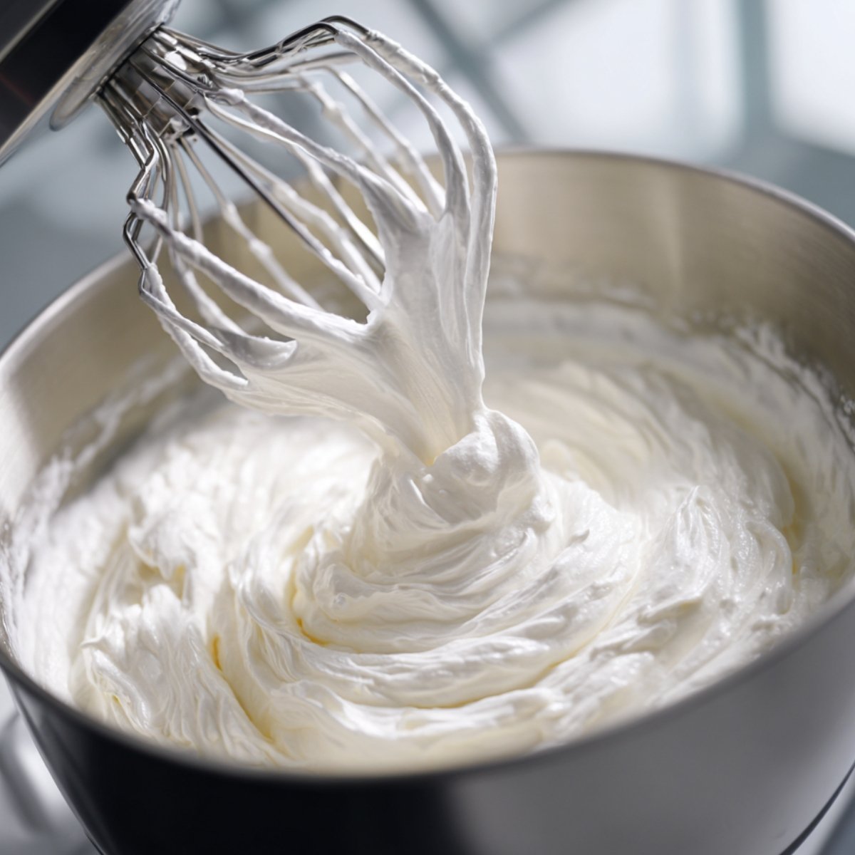 "Whipping egg whites to soft peaks in a stand mixer bowl."