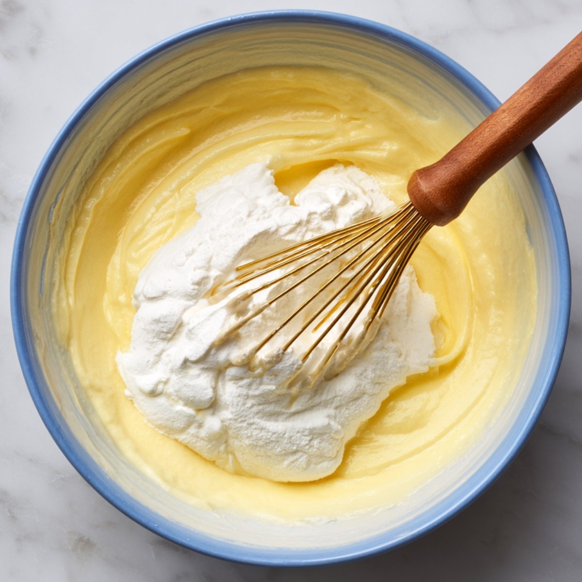 "Whisking flour and cream together to make a pancake batter."