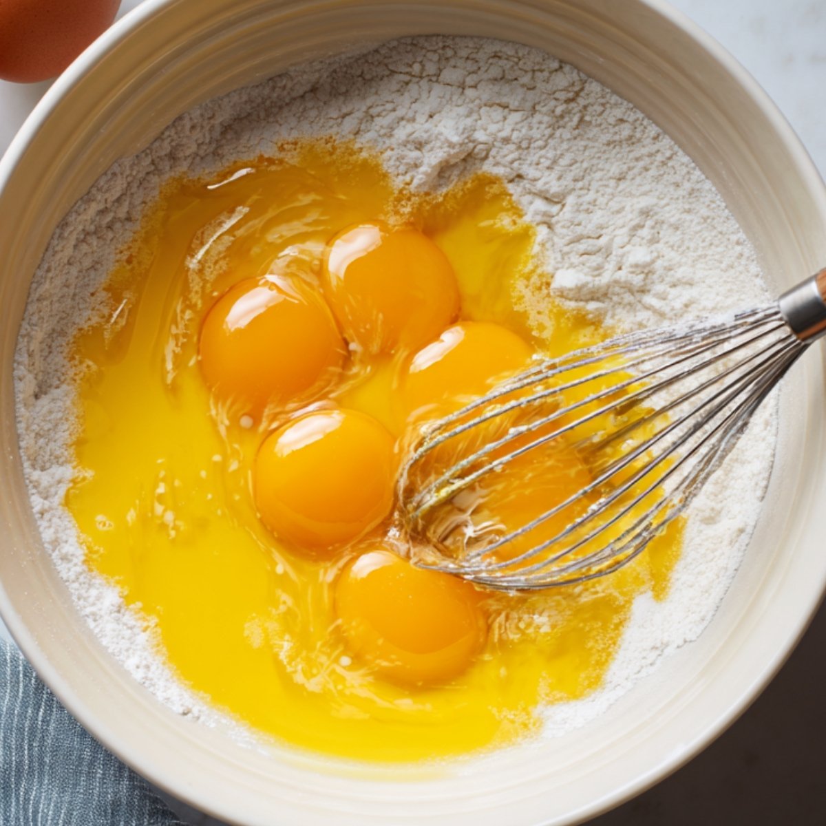 "Egg yolks breaking into a flour mixture for pancake batter."