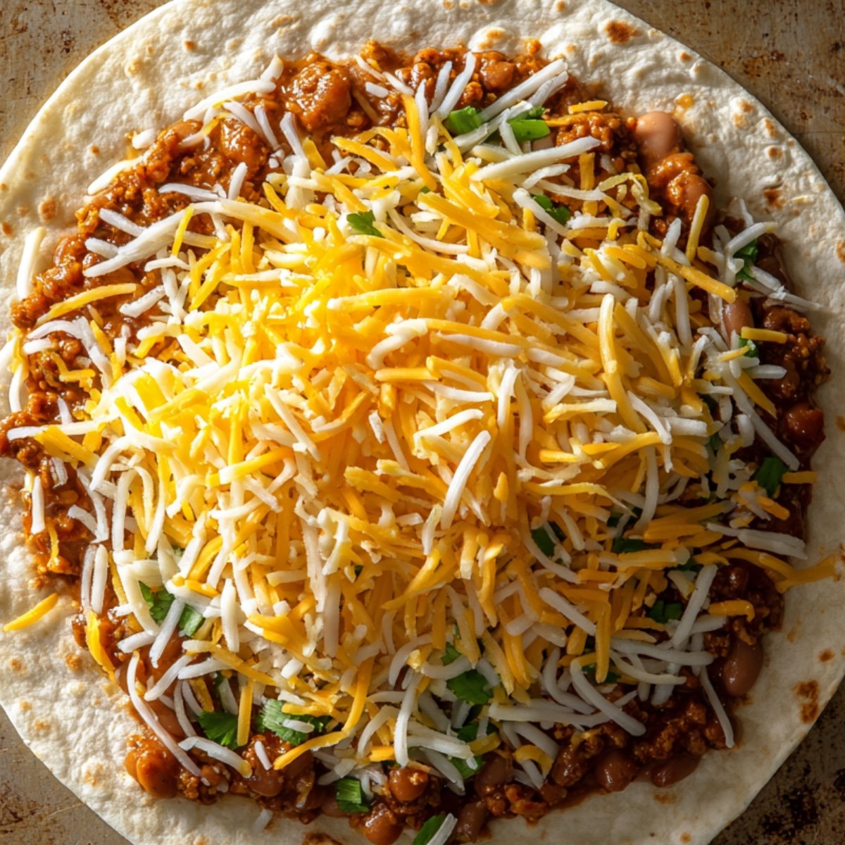 A tortilla wrap topped with chili, shredded cheese, green onions, and more shredded cheese, ready to be folded or baked.