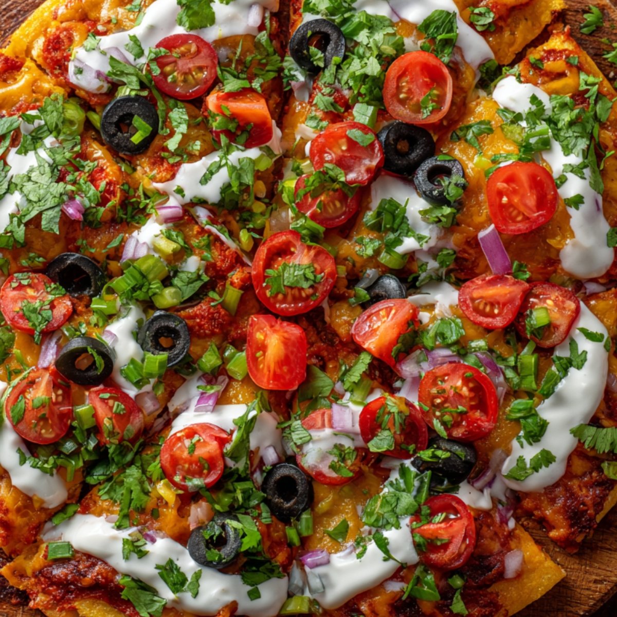 A close-up of a Mexican pizza with a vibrant topping of chopped tomatoes, black olives, red onions, cilantro, and green onions, drizzled with sour cream.