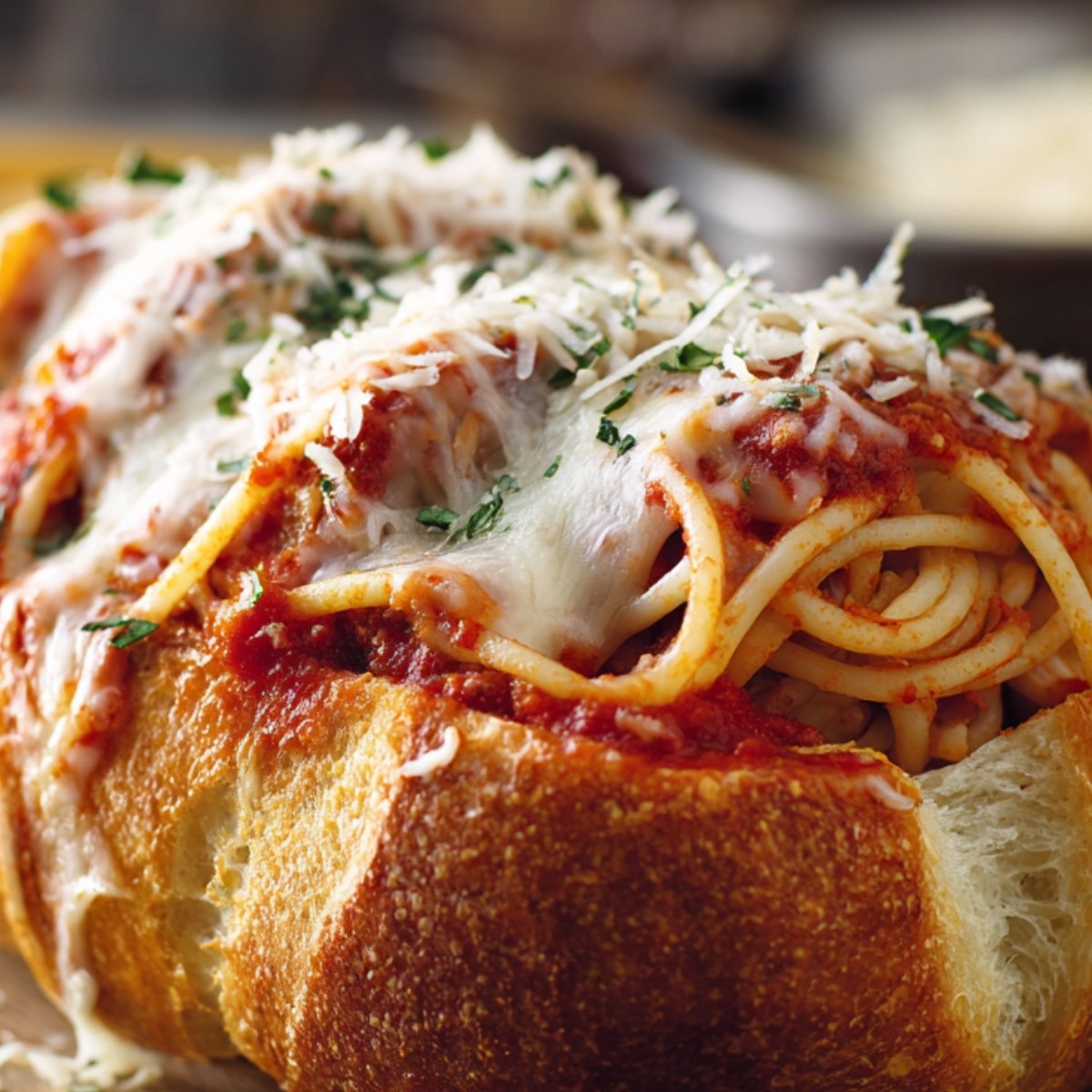 A close-up of spaghetti stuffed inside a garlic bread loaf, topped with melted cheese and parsley.