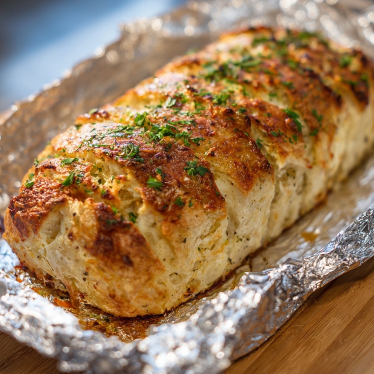 A freshly baked loaf of garlic bread stuffed with spaghetti and covered in melted cheese and garnished with herbs.