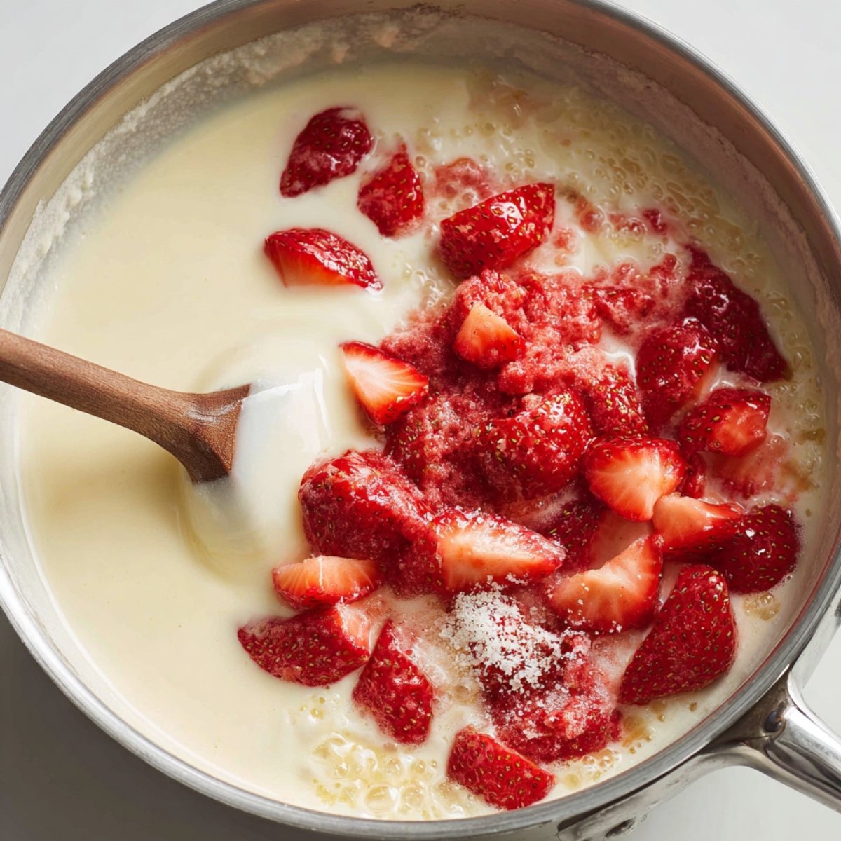 A saucepan with a creamy mixture and fresh strawberries being stirred in, possibly part of the process to make strawberry ice cream.
