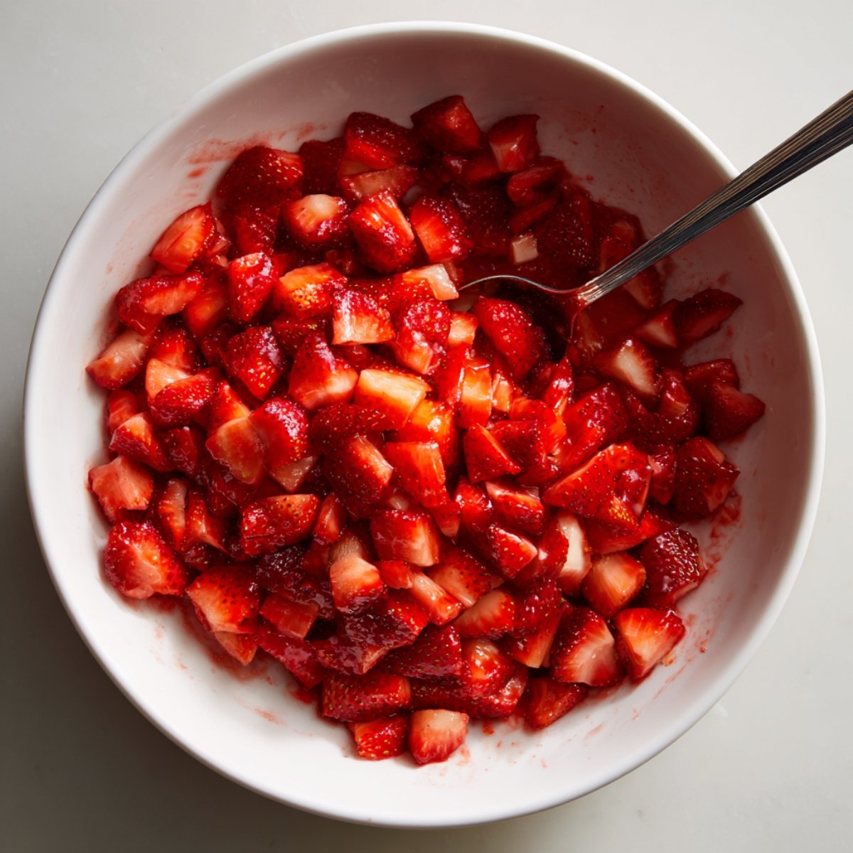 A bowl filled with freshly chopped strawberries, likely used for making a fruit-based dessert like strawberry ice cream.
