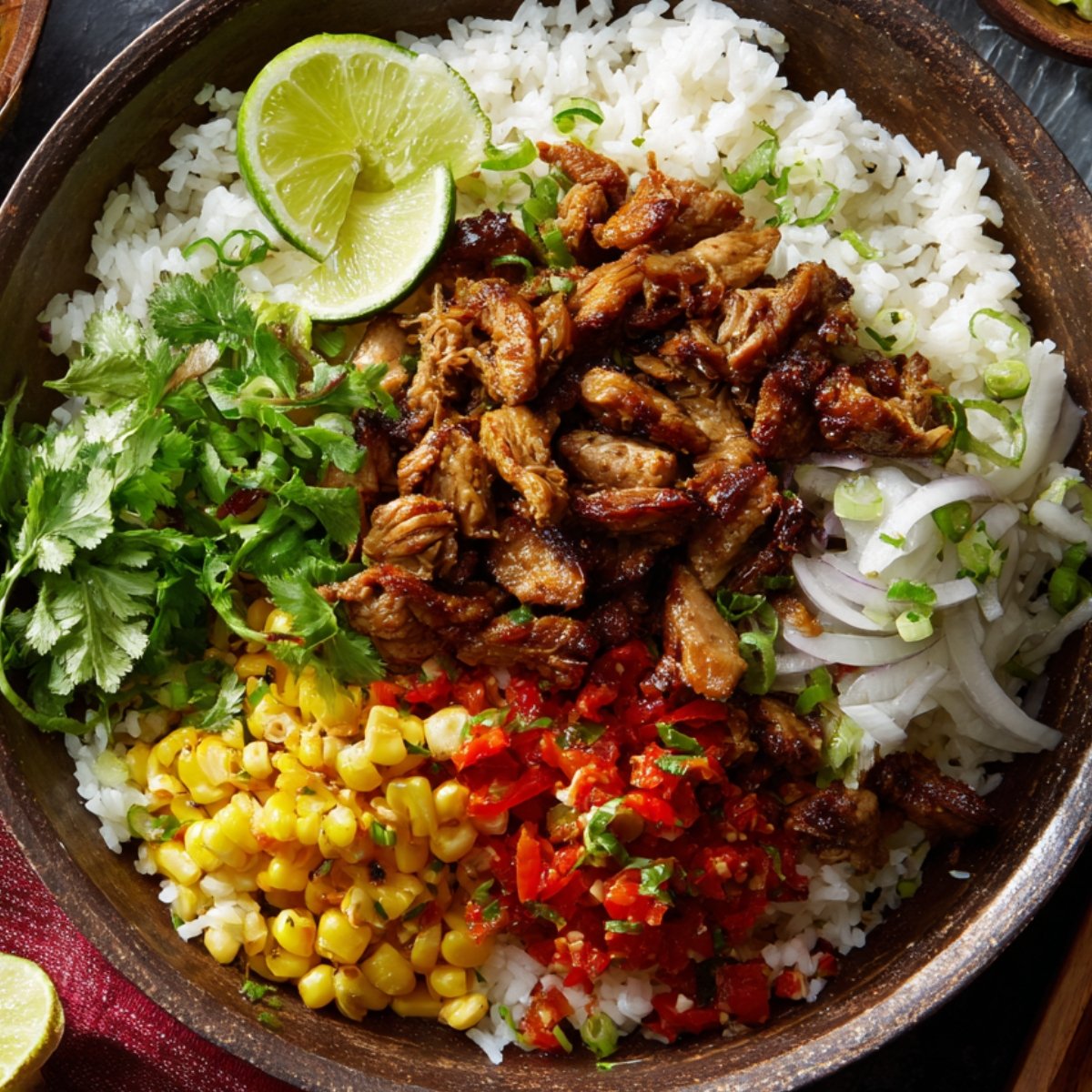 Another taco rice bowl featuring seasoned chicken strips, fresh cilantro, green onions, corn, diced tomatoes, and a lime wedge served on a bed of fluffy white rice.