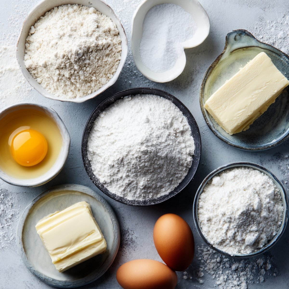 Ingredients for making waffles laid out on a flat surface, including flour, sugar, butter, eggs, and baking powder, all neatly arranged in small bowls.