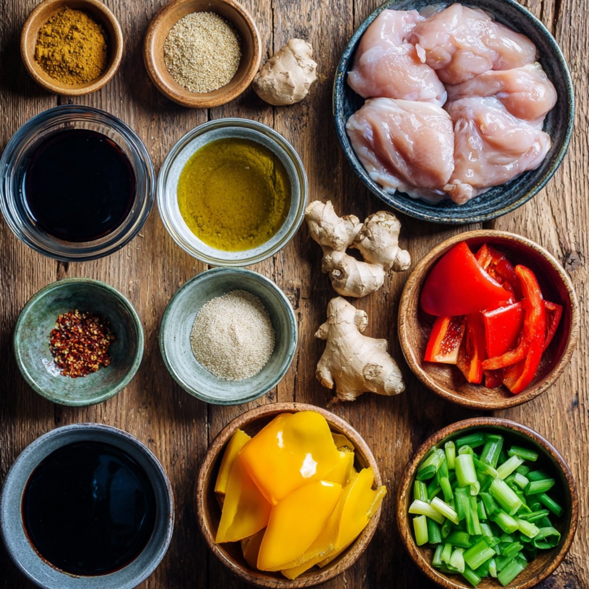 A variety of ingredients laid out on a wooden surface, including raw chicken thighs, sliced red and yellow bell peppers, garlic, ginger, soy sauce, and other seasonings ready to be used for cooking Black Pepper Chicken.