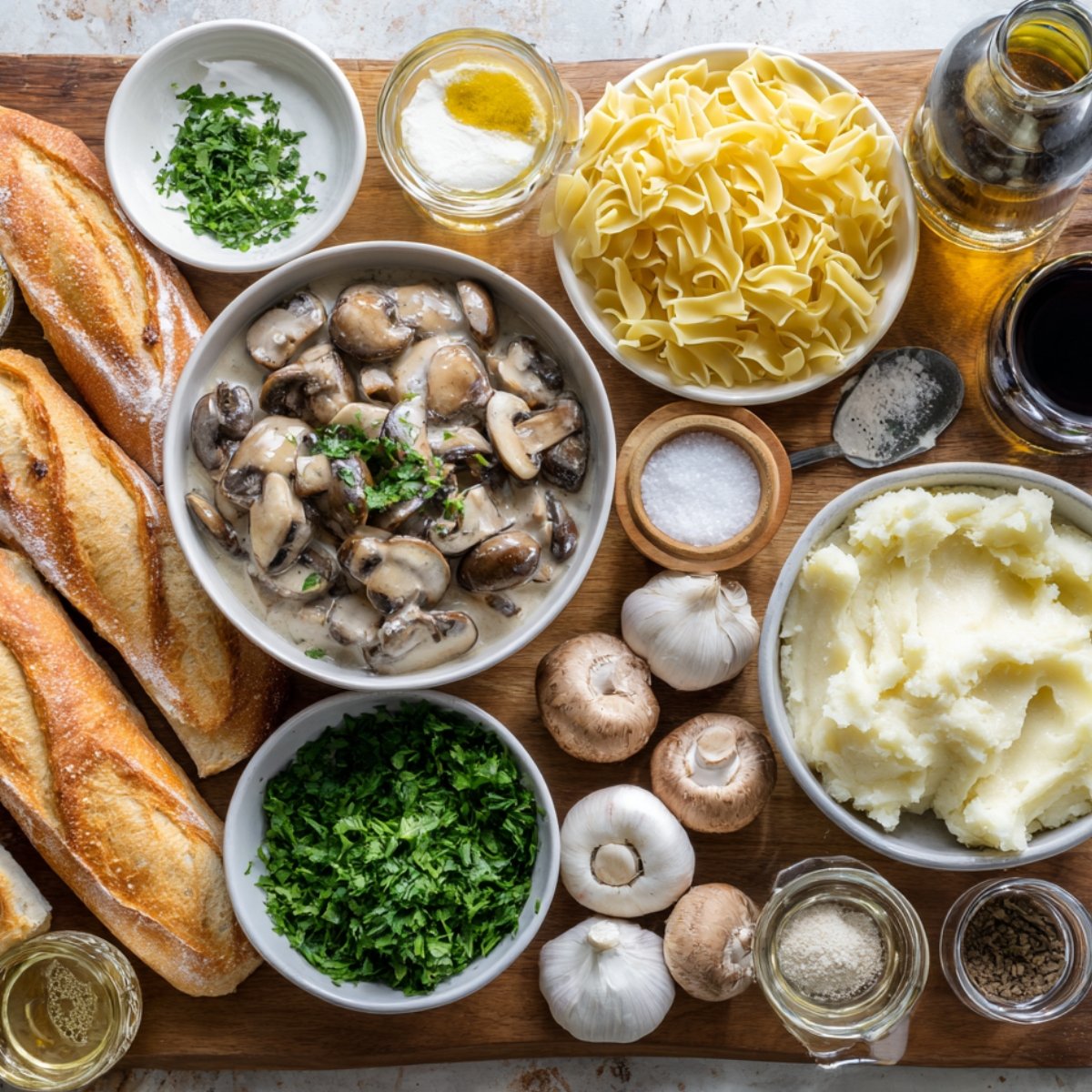 A wooden board displaying ingredients for a Chicken Marsala dish, including mushrooms in a creamy sauce, garlic, fresh parsley, pasta, mashed potatoes, and bread.