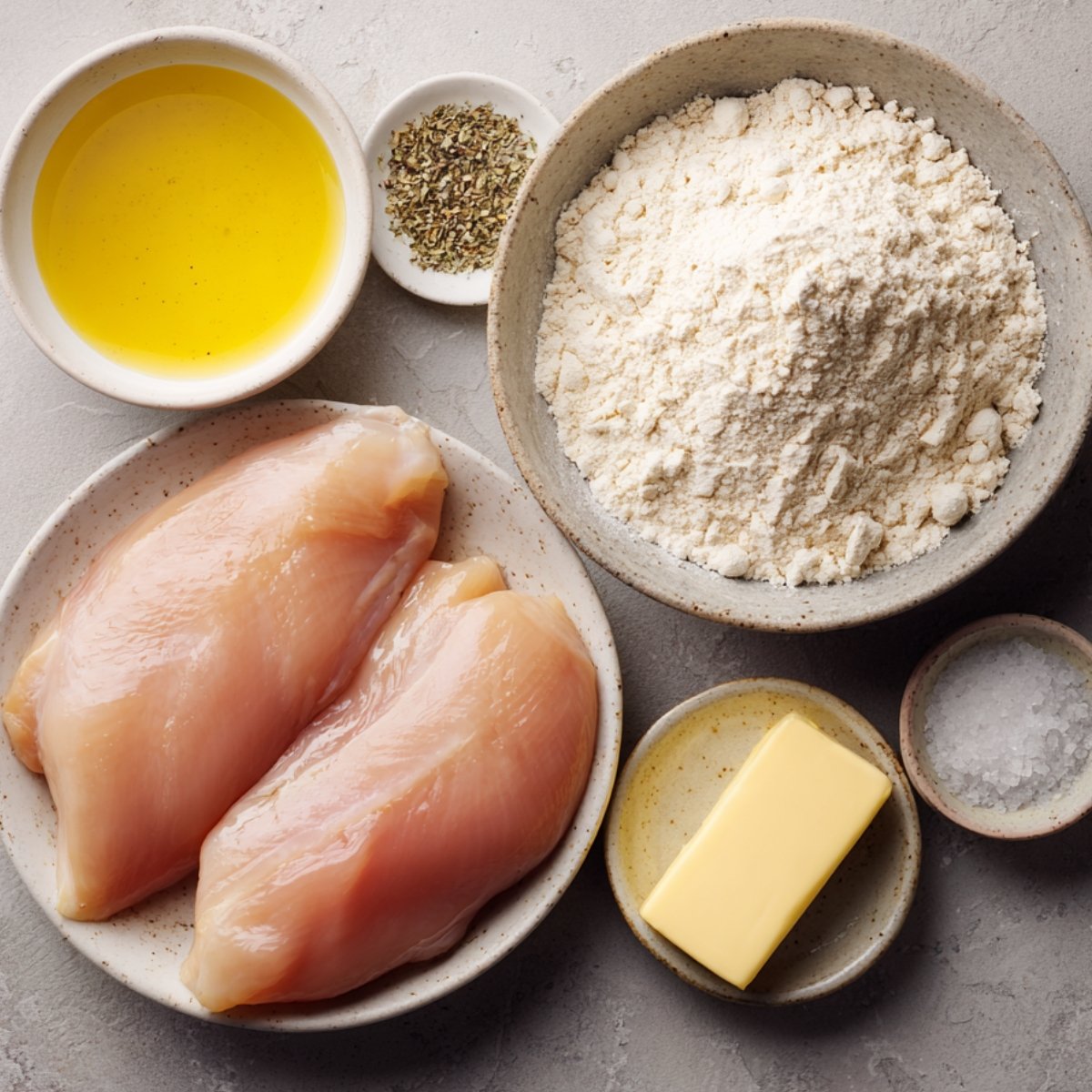 A rustic setup of ingredients for a Chicken Marsala recipe, including chicken breasts, olive oil, flour, butter, and seasonings like dried oregano.