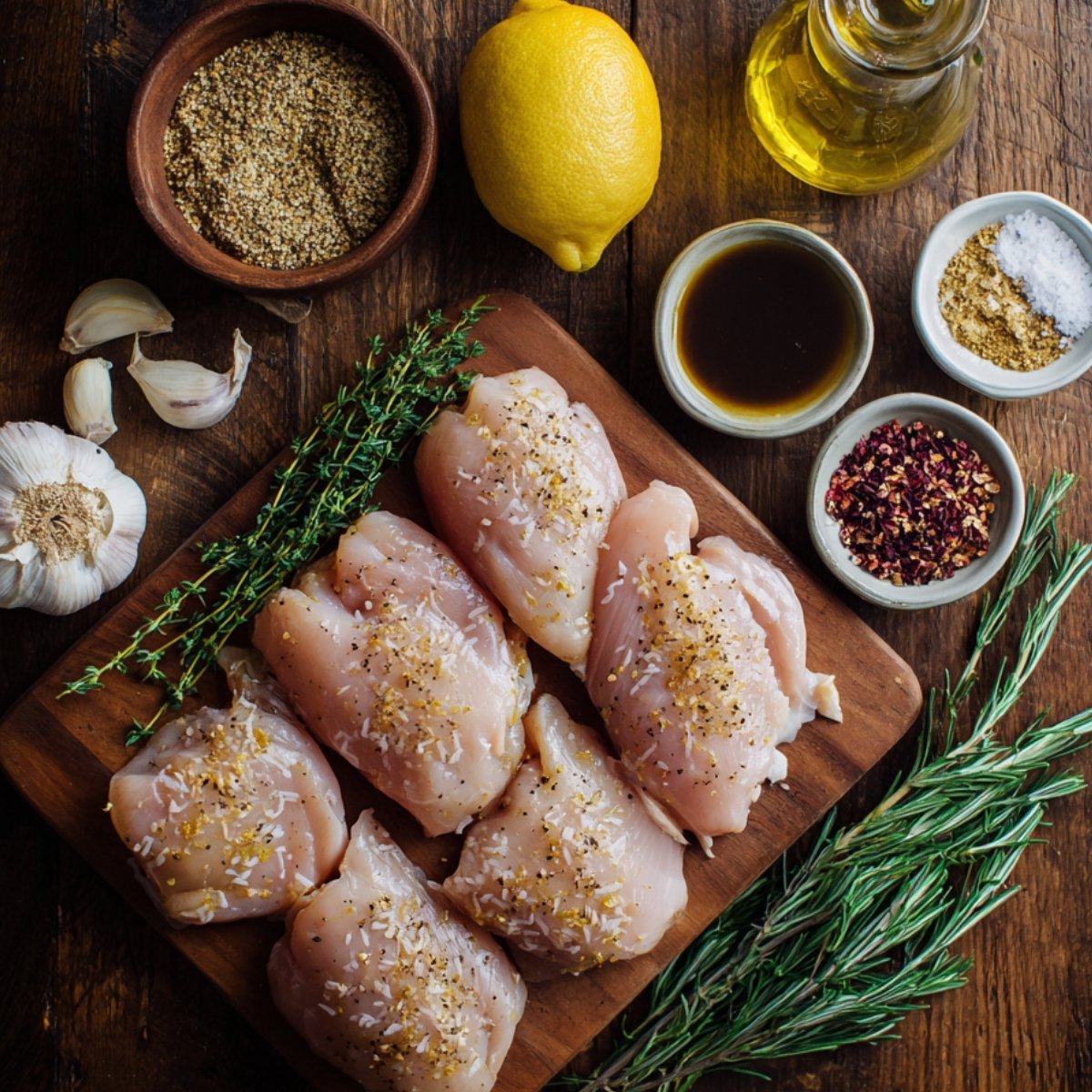 Raw chicken breasts placed on a wooden cutting board with seasonings, garlic, lemon, rosemary, thyme, and olive oil laid out around it.
