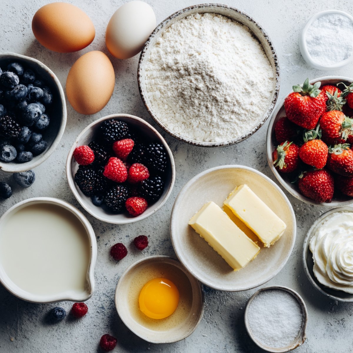 "Ingredients for Japanese pancakes, including eggs, flour, berries, butter, and cream."