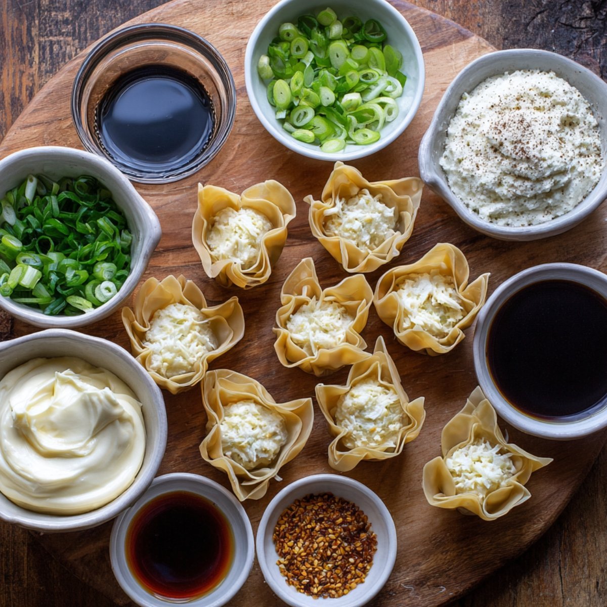 A wooden cutting board with several pre-assembled Rangoon crab bombs, along with ingredients like soy sauce, green onions, sesame seeds, and mayonnaise for dipping or filling.